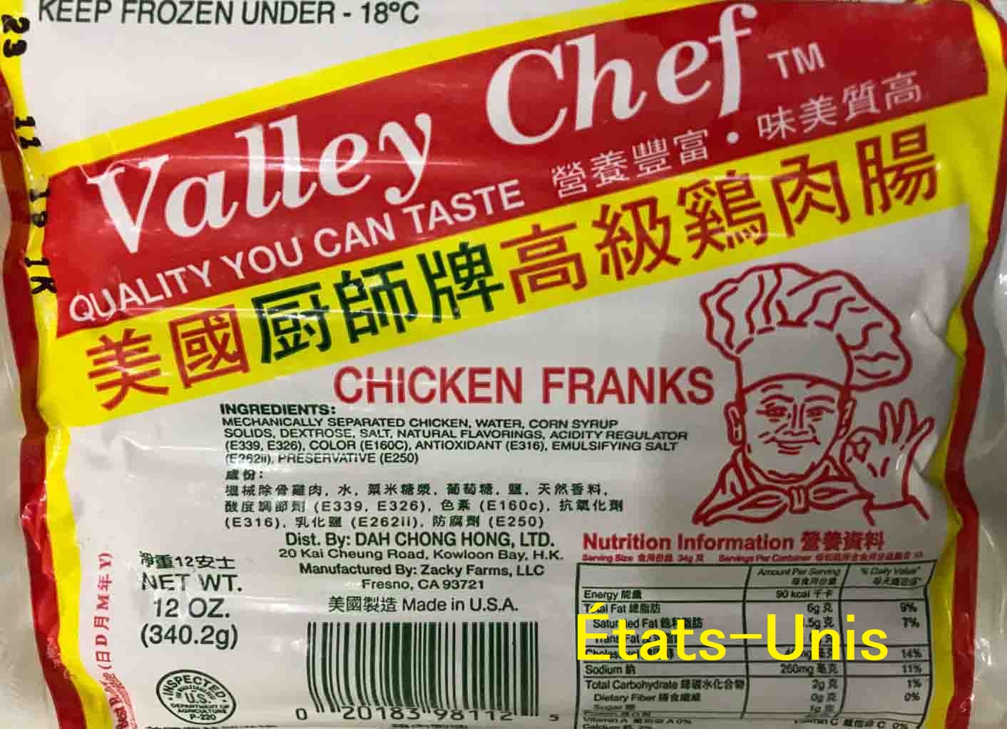 Saucisse au poulet "Valley Chef" produite aux États-Unis